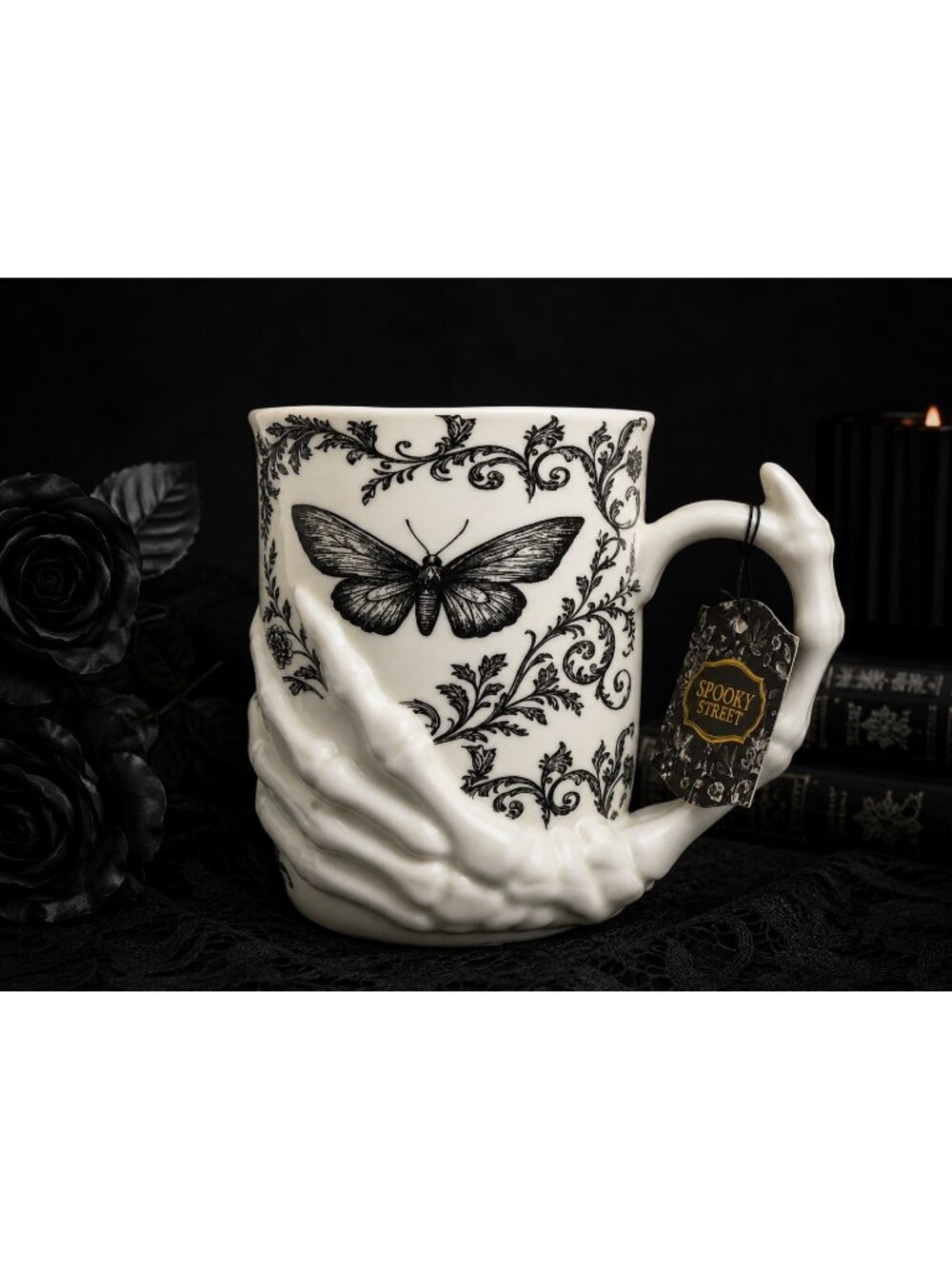 Moth Mug 3D Skeleton Hand Handle Gothic Halloween NWT Spooky St Black White